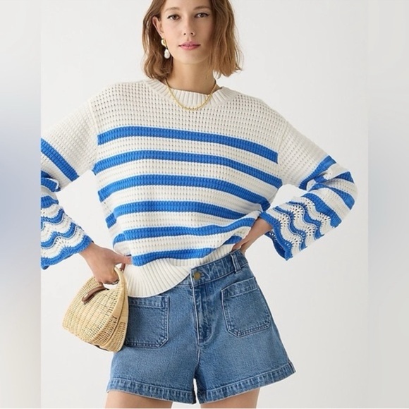 J. Crew Sweaters - J. Crew Blue White Textured Striped Nautical Cotton Knit Pullover Sweater